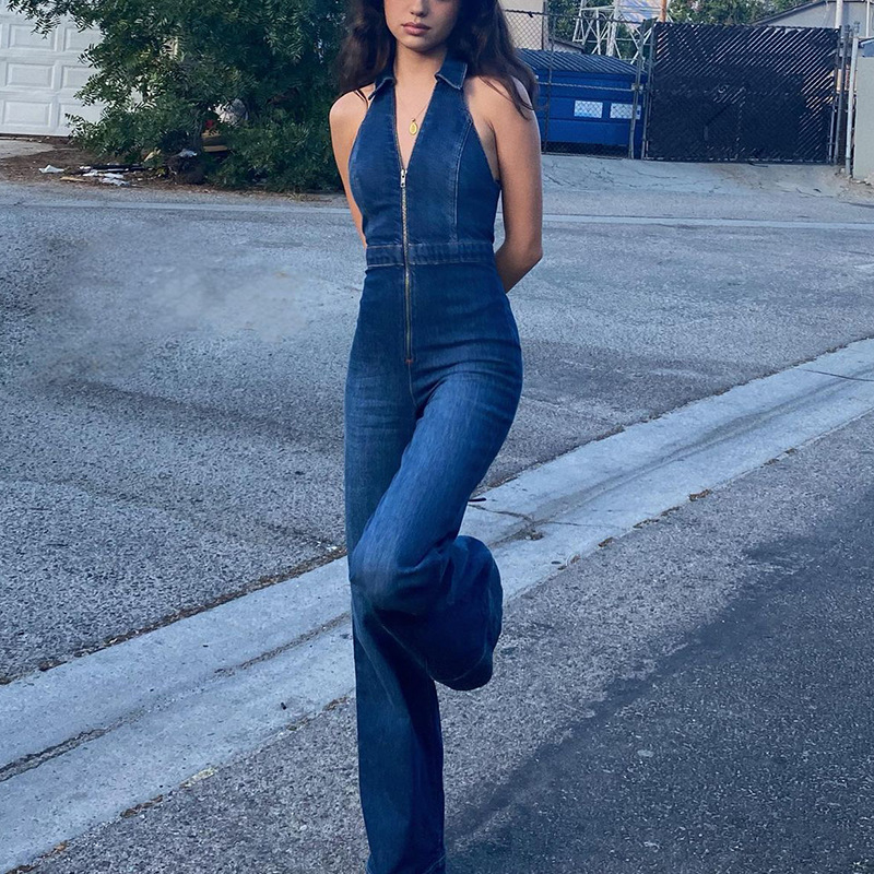 Damen Denim-Overall mit tiefem Ausschnitt und Korsett-Nähten