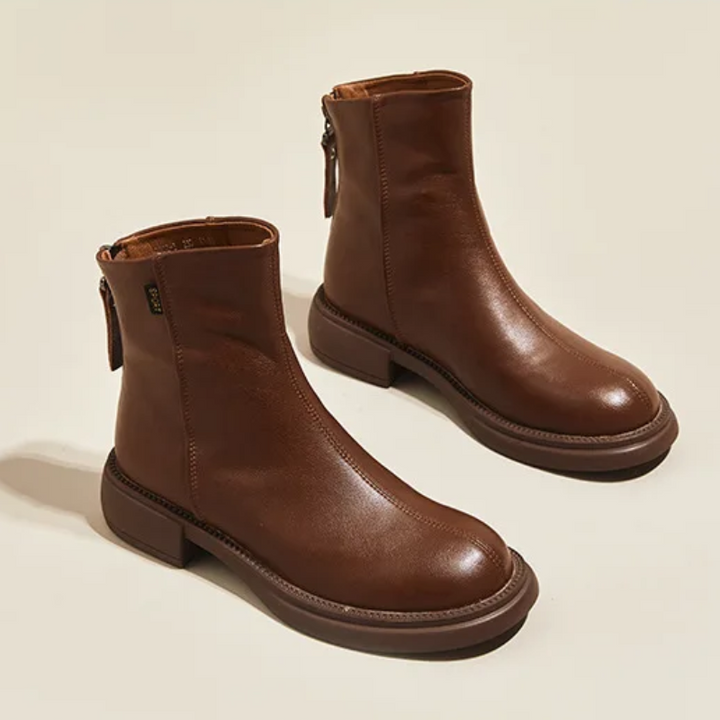 Damen Leder-Ankle-Boots mit rückseitigem Reißverschluss und niedrigem Absatz