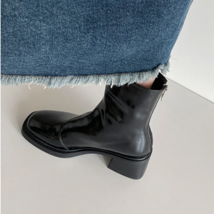 Damen-Leder-Ankle-Boots mit Blockabsatz