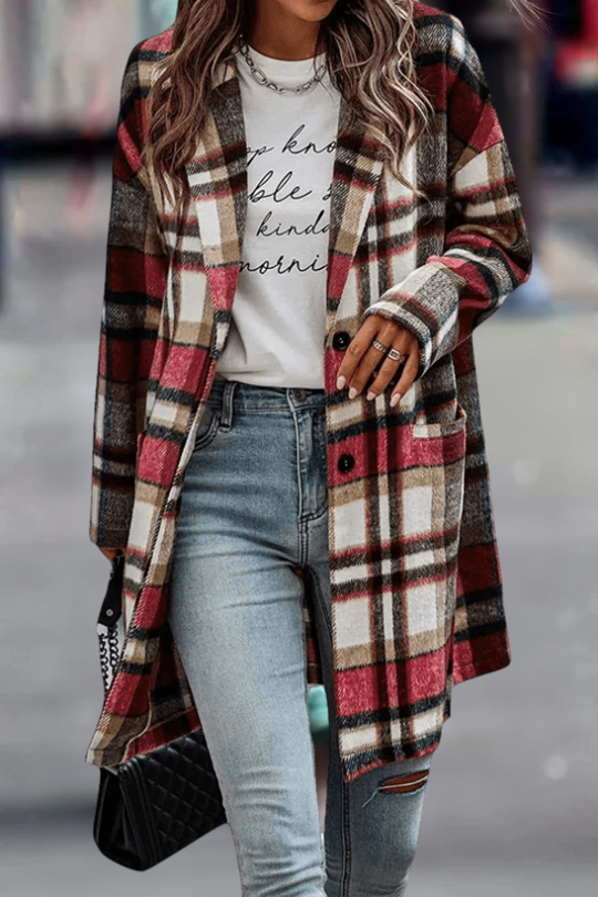 W&W Mode | Lässiger Wollmantel mit Revers-Taschen und Karomuster für Damen | Stilvoll und Bequem