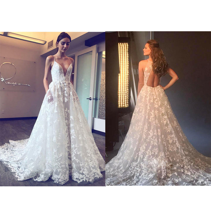 Damen Hochzeitskleid mit tiefem V-Ausschnitt und filigraner Spitze W&W Mode