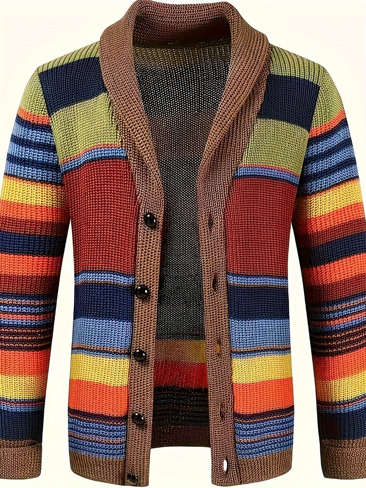 W&W Mode | Großer Gestrickter Herren Strickjacke Mit Kontrastierenden Farben