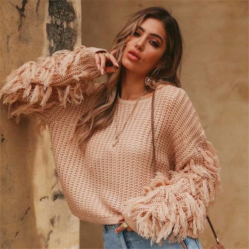 Damen Grobstrickpullover mit modischem Fransendesign und lässiger Passform W&W Mode