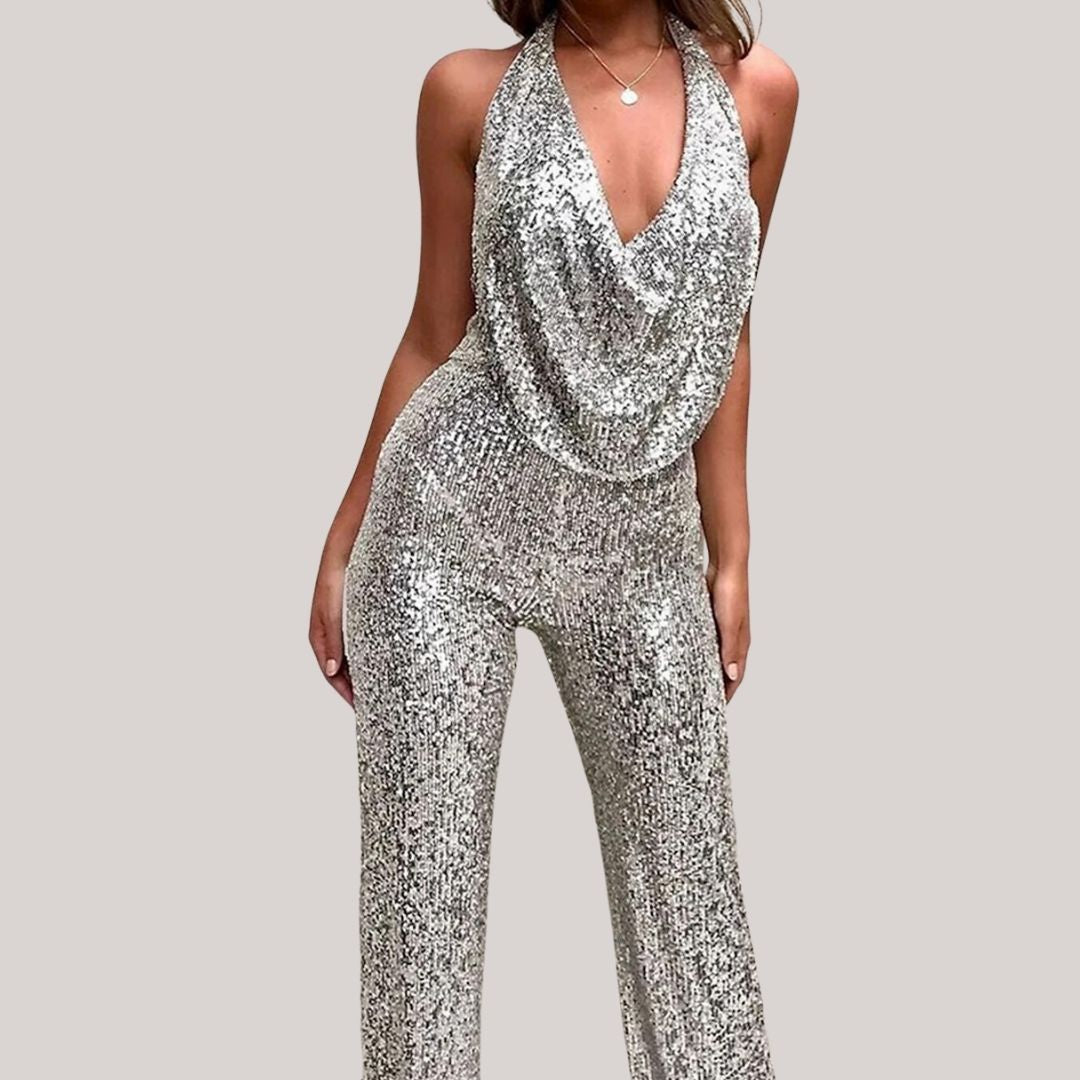 W&W Mode | Stilvolle Winter Chic Glitzer Jumpsuit Mit V-Ausschnitt Für Frauen