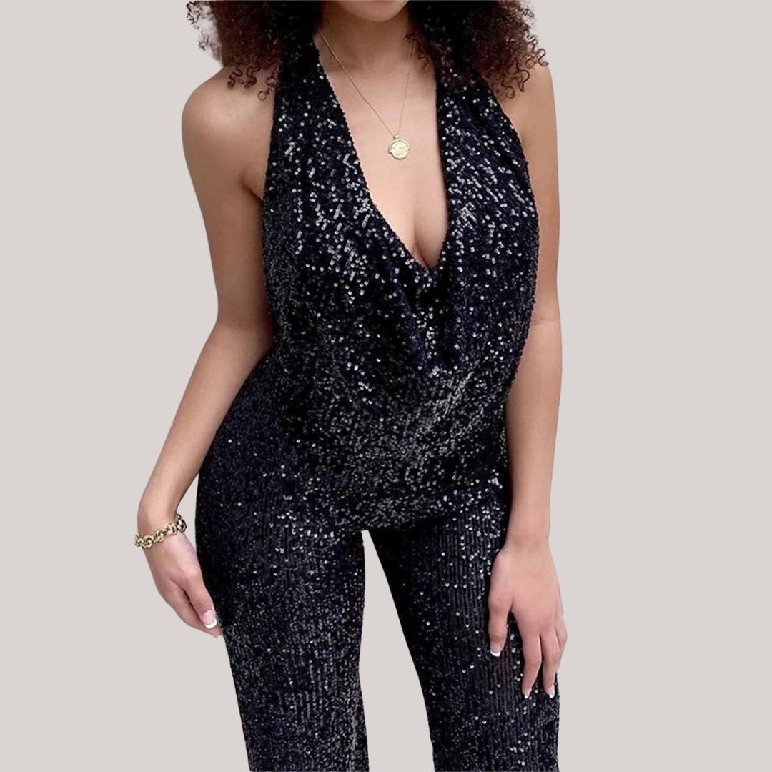 W&W Mode | Party-Pailletten-Rückenfrei-Halter Ärmelloser Jumpsuit