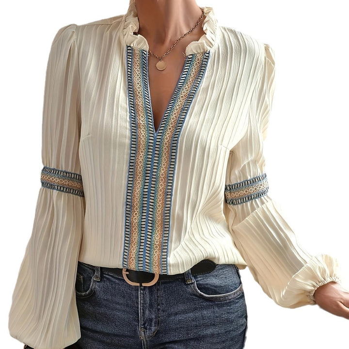W&W Mode Spitzen-Patchwork-Shirt mit V-Ausschnitt