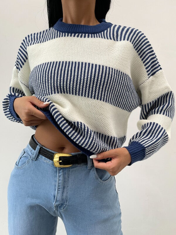 W&W Mode | Lässiger Blauer Gestreifter Pullover Für Frauen