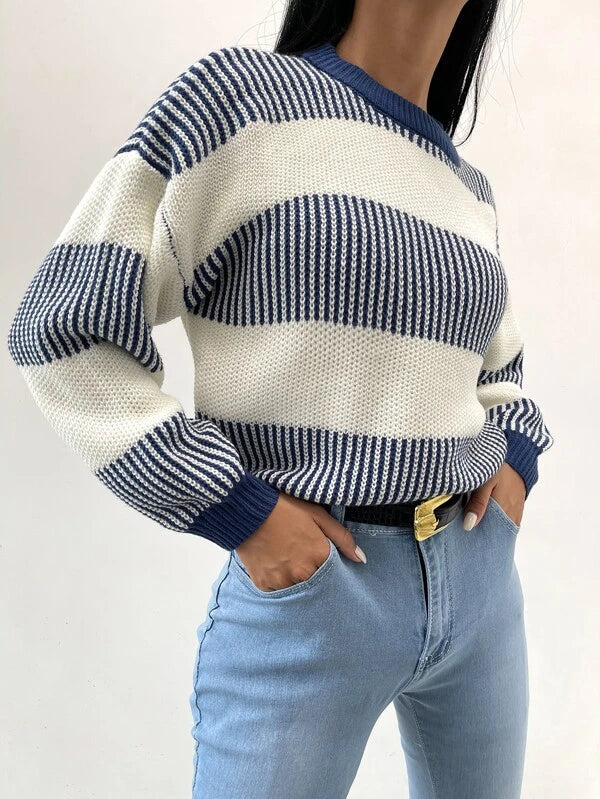 W&W Mode | Lässiger Blauer Gestreifter Pullover Für Frauen