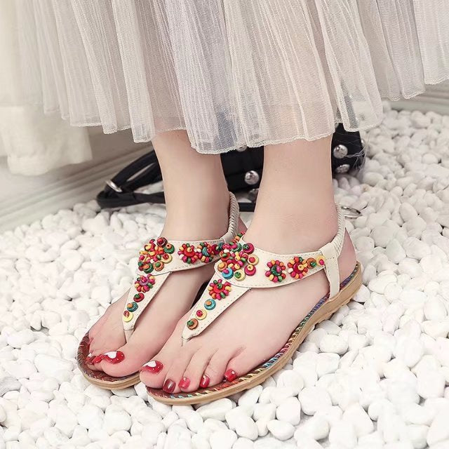 Damen Sandalen mit bunten Zierperlen und rutschfester Sohle W&W Mode