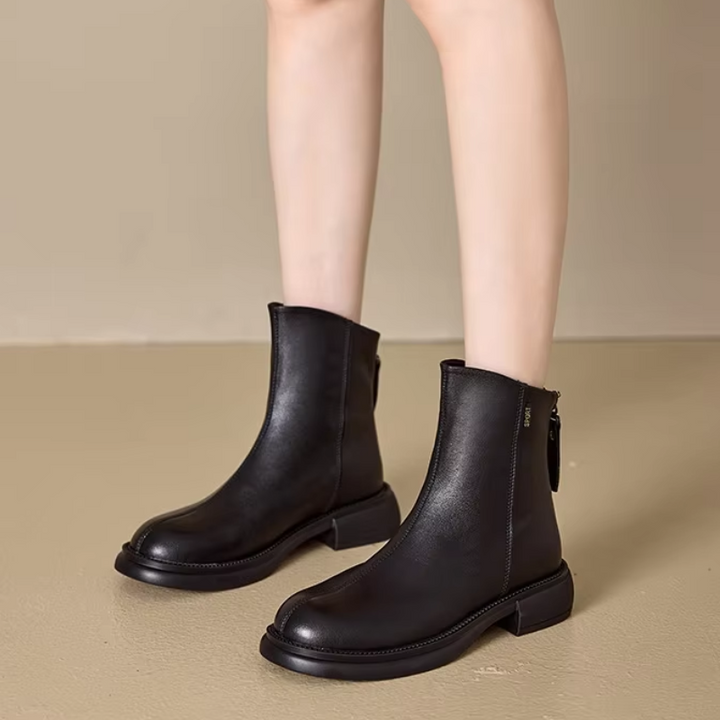 Damen Leder-Ankle-Boots mit rückseitigem Reißverschluss und niedrigem Absatz