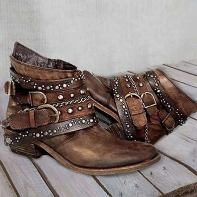 W&W Mode | Damen Abgelebte Leder Ankle Boots, Mehrere Riemen mit Schnallen, Western Stil