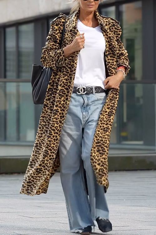 W&W Mode | Rosiedress Revers Offene Vorderseite Leopard Midi Trendy Mantel