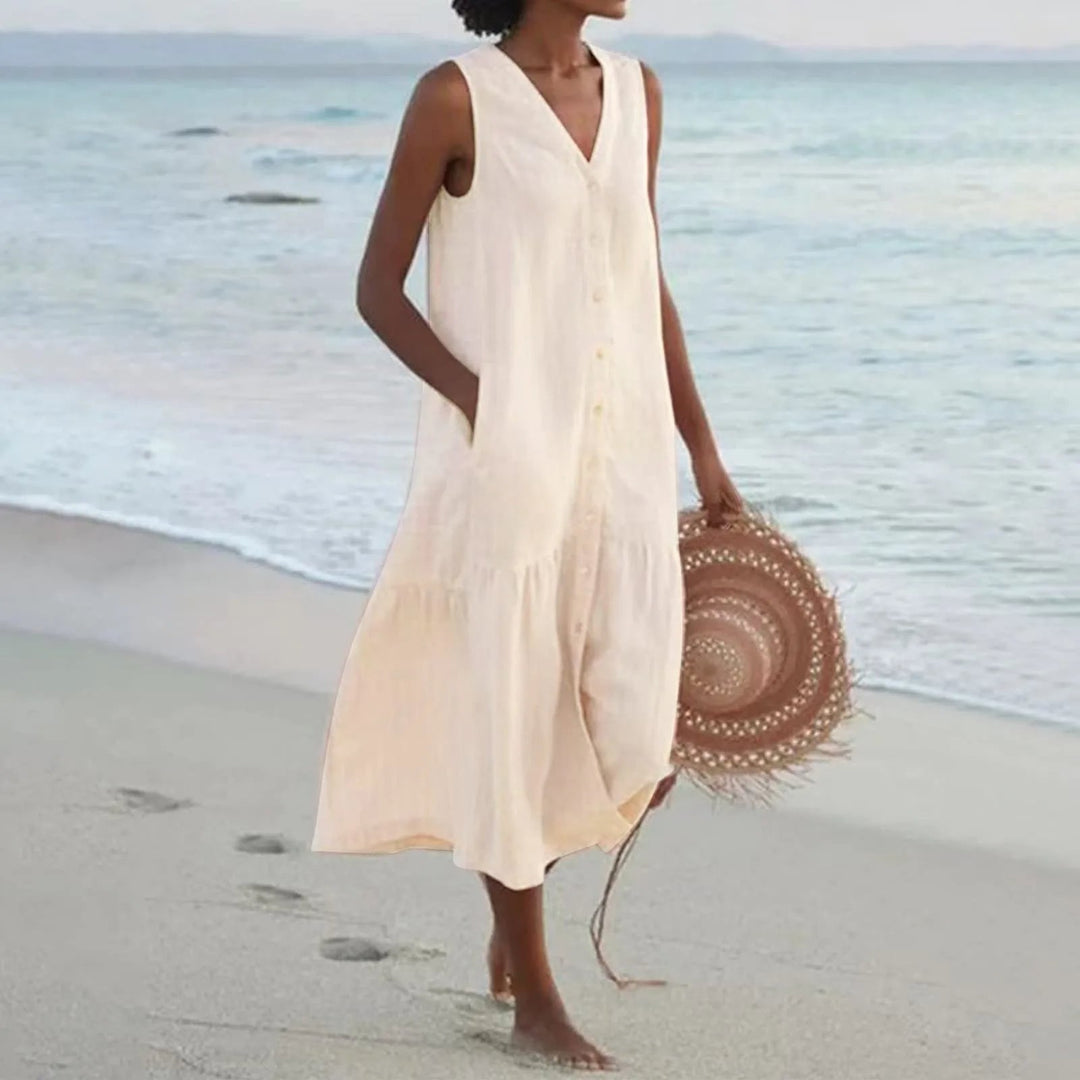 W&W Mode | V-Ausschnitt Leinen Kleid