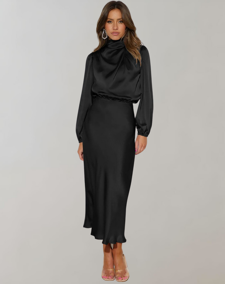 W&W Mode | Klassisches Satin Kleid Mit Hohem Kragen Und Langen Ärmeln Für Frauen