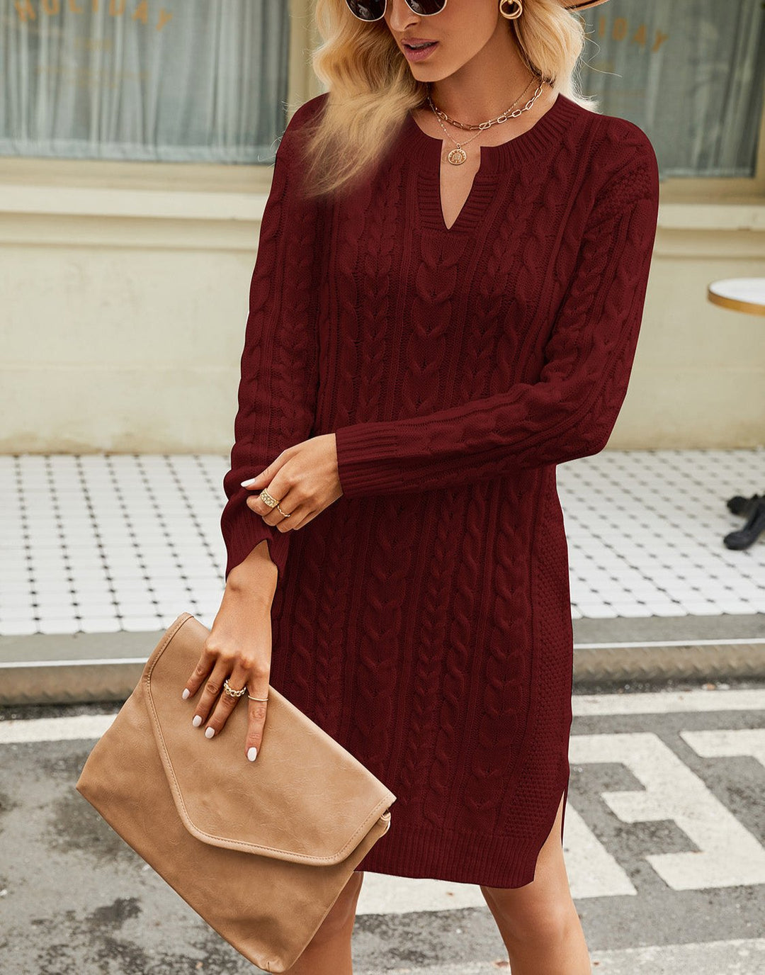W&W Mode | Schicke Herbst-Kabel-Strickkleid mit Ausschnitt für Frauen