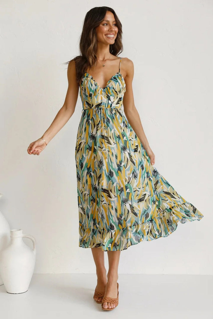 W&W Mode Sommerkleid | Midi Damenkleid mit offenem Rücken und Ausschnitt, bedruckt