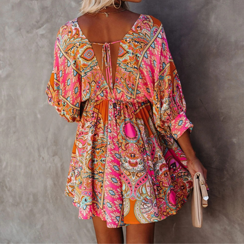 Damen kurzes Boho-Kleid mit Blumenmuster