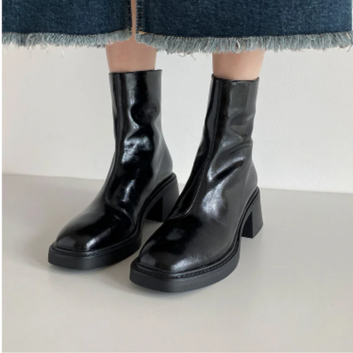 Damen-Leder-Ankle-Boots mit Blockabsatz