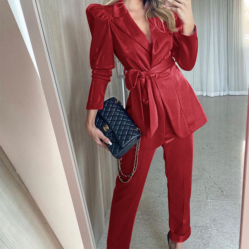 Damen Blazeranzug mit voluminösen Puffärmeln und tailliertem Gürtel W&W Mode