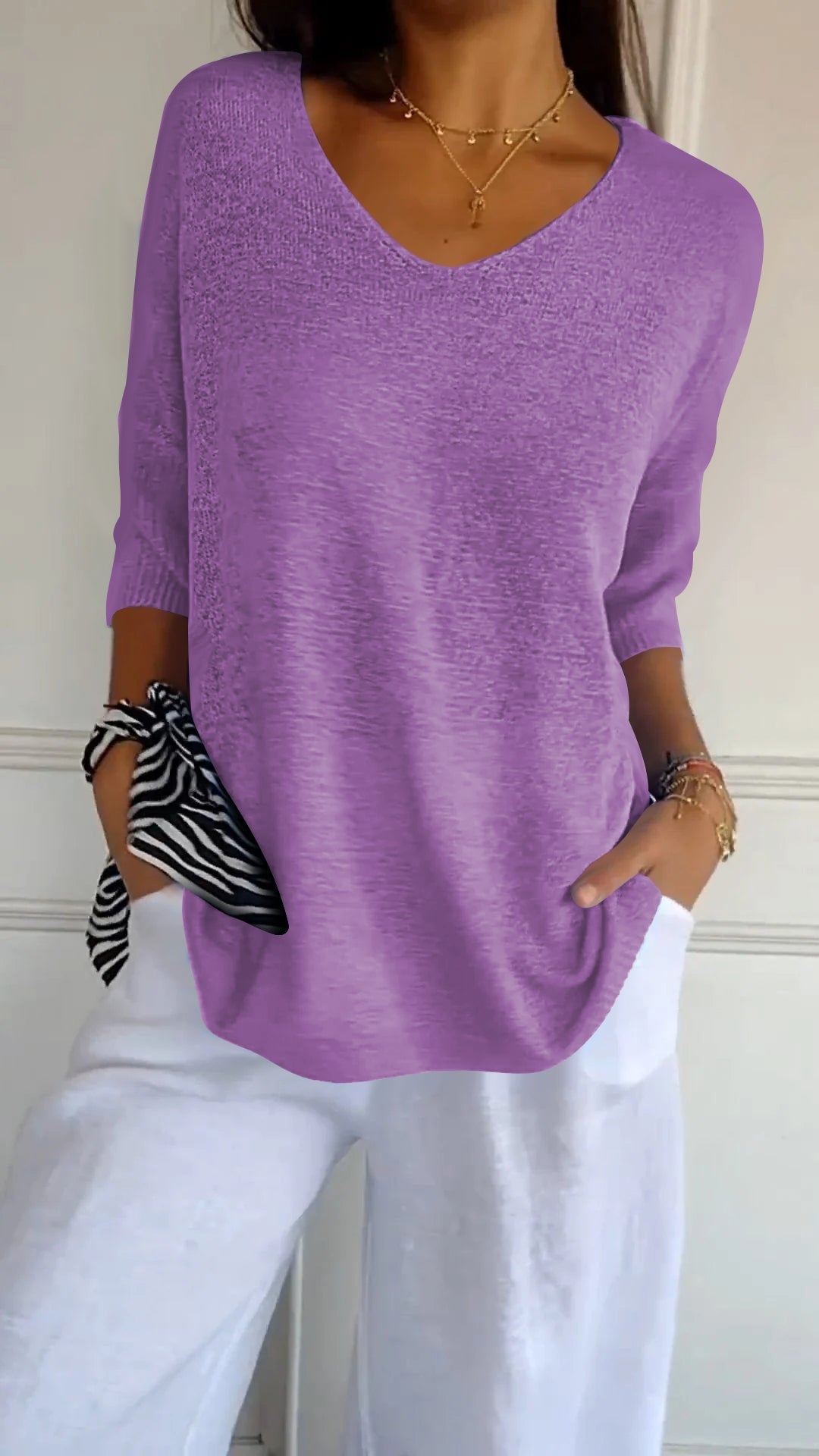 W&W Mode | Unifarbenes Stricktop mit V-Ausschnitt