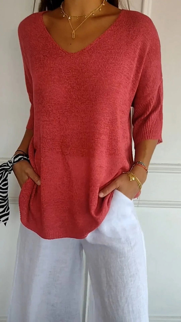 W&W Mode | Unifarbenes Stricktop mit V-Ausschnitt
