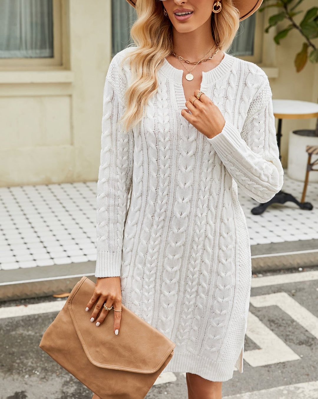 W&W Mode | Schicke Herbst-Kabel-Strickkleid mit Ausschnitt für Frauen