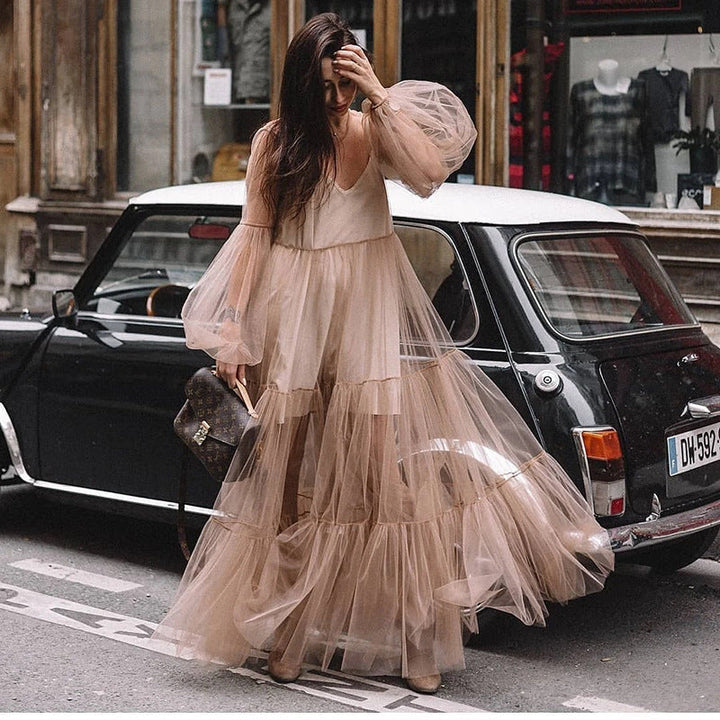 W&W Mode | Puffärmel Tüll Durchsichtig Lange Rock Kleid