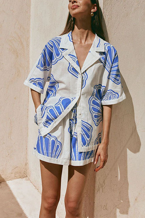 W&W Mode | Rosiedress V-Ausschnitt Kurzarmshirt und Shorts mit Kordelzug Taillierung Muscheldruck Set