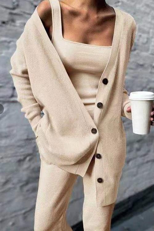 W&W Mode | Rosiedress Breite Träger Tanktop Knopfleisten Cardigan und Lange Hose 3 Teile Loungeanzug Set