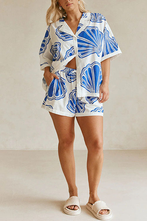W&W Mode | Rosiedress V-Ausschnitt Kurzarmshirt und Shorts mit Kordelzug Taillierung Muscheldruck Set
