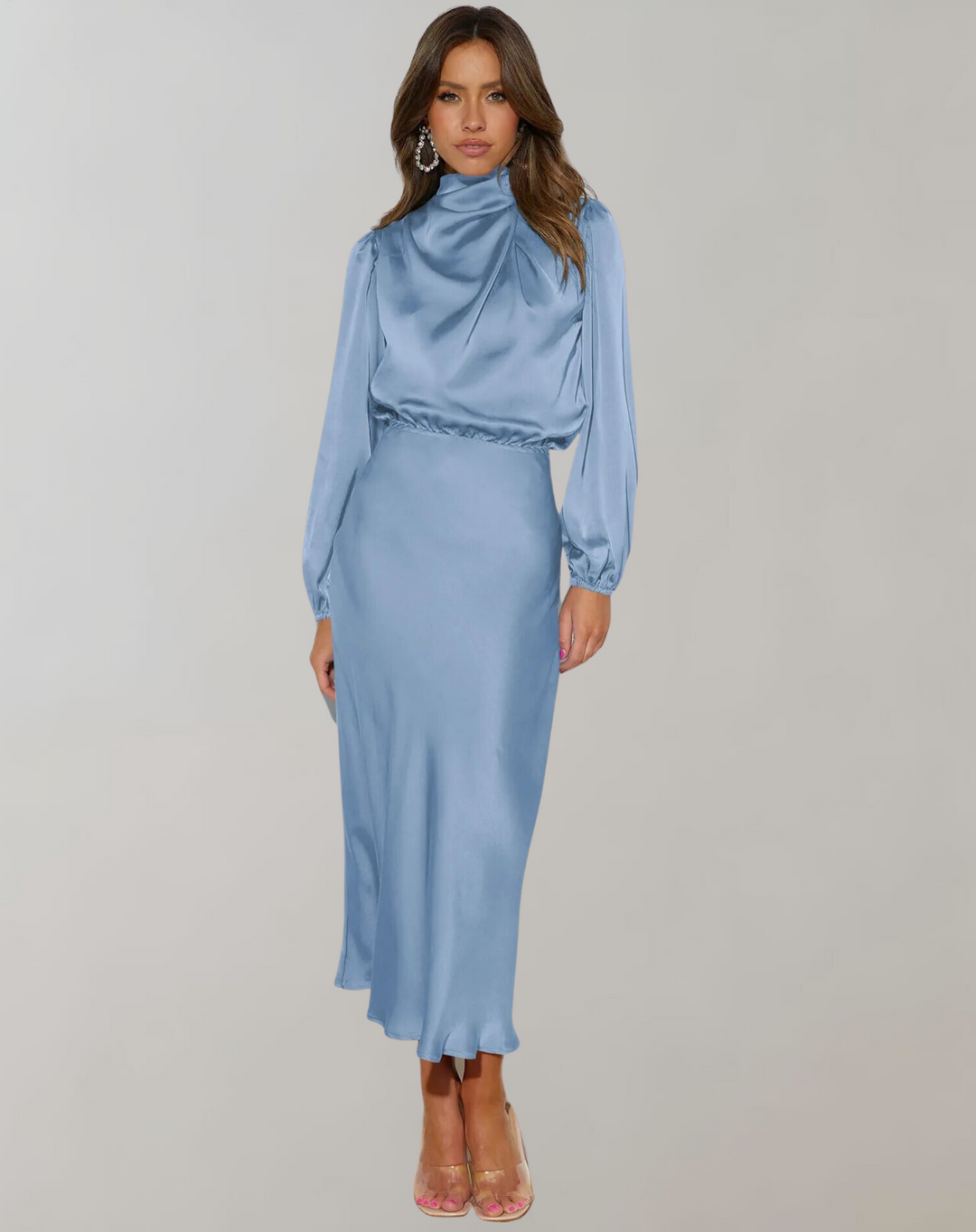 W&W Mode | Klassisches Satin Kleid Mit Hohem Kragen Und Langen Ärmeln Für Frauen