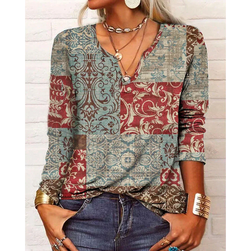 W&W Mode | Stil V-Hals-Bluse mit langen Ärmeln - Buntes Blumenmuster-Design für Damen