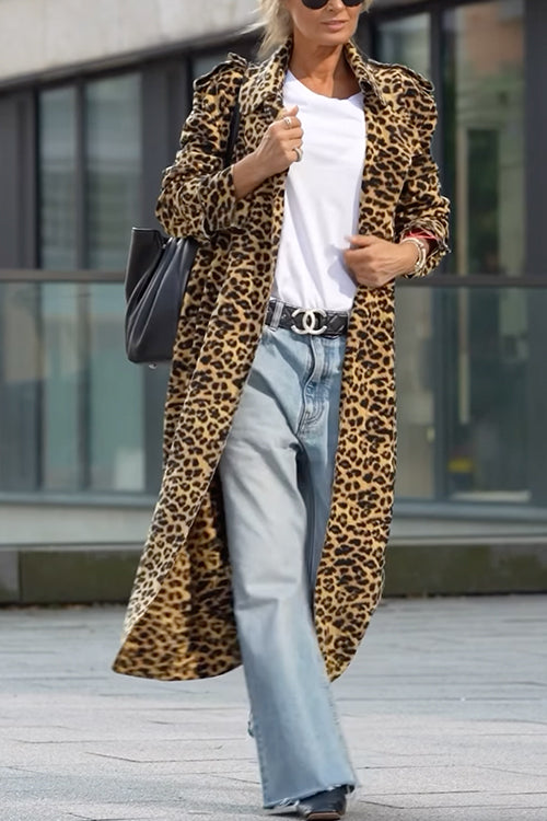 W&W Mode | Rosiedress Revers Offene Vorderseite Leopard Midi Trendy Mantel