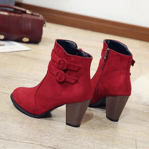 W&W Mode | Damen Wildleder Ankle Boots mit Doppelsteckverschluss, Hohem Blockabsatz, Reißverschluss