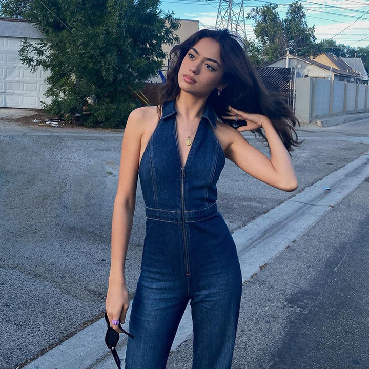 Damen Denim-Overall mit tiefem Ausschnitt und Korsett-Nähten