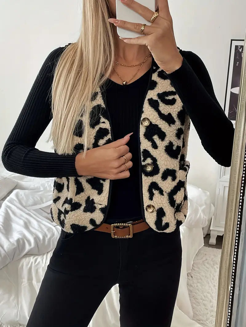 W&W Mode | Ärmellose Weste aus Kunstpelz mit Leopardenmuster für Frauen