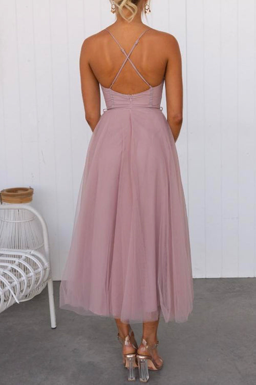 W&W Mode | Rosiedress Rückenausschnitt Bindegürtel Mesh Swing Maxi Spaghettiträger Kleid