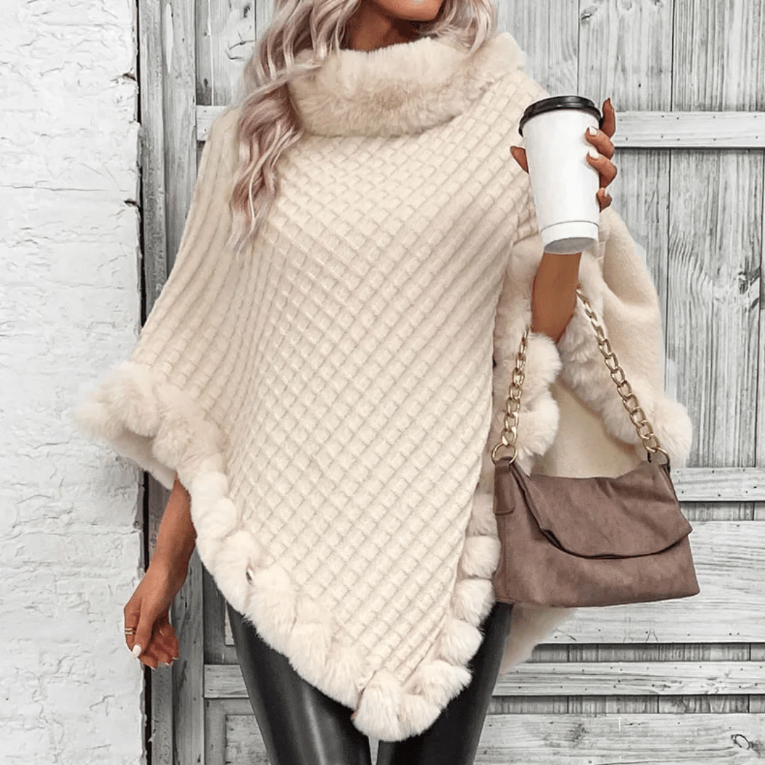 W&W Mode | Poncho mit weicher Webstruktur – stilvoller Damenponcho mit Kragen und Kunstpelzabschluss