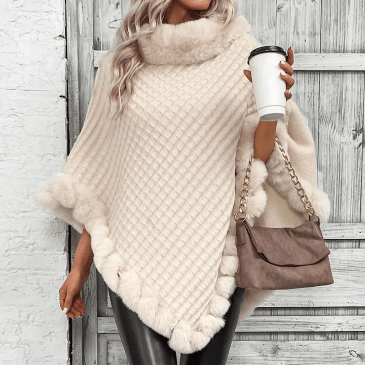 W&W Mode | Poncho mit weicher Webstruktur – stilvoller Damenponcho mit Kragen und Kunstpelzabschluss
