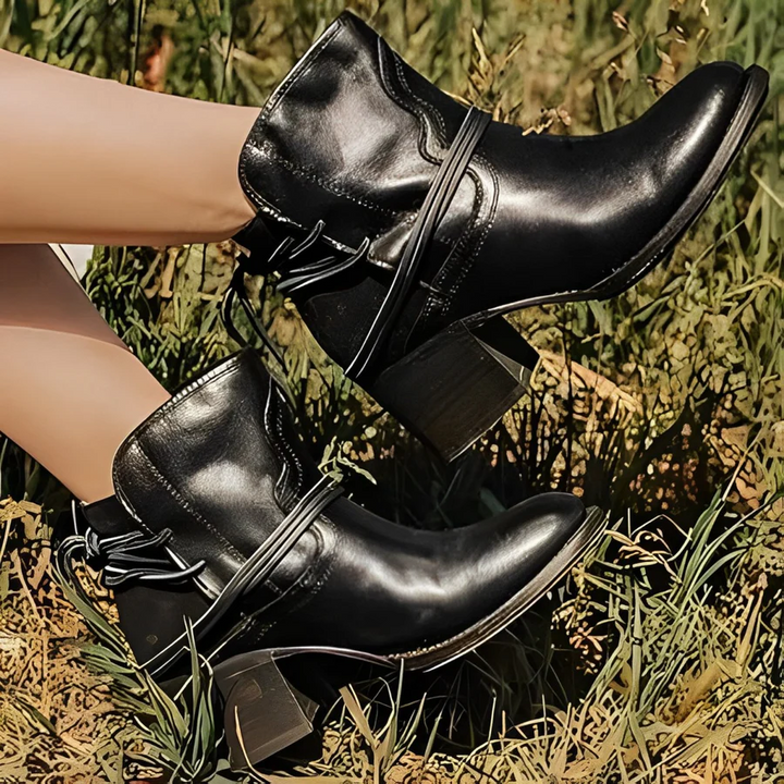 W&W Mode | Damen Western Ankle Boots mit Wickelschnürung, Gewaschenes Leder, Dicke Absätze