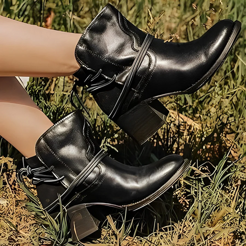 W&W Mode | Damen Western Ankle Boots mit Wickelschnürung, Gewaschenes Leder, Dicke Absätze