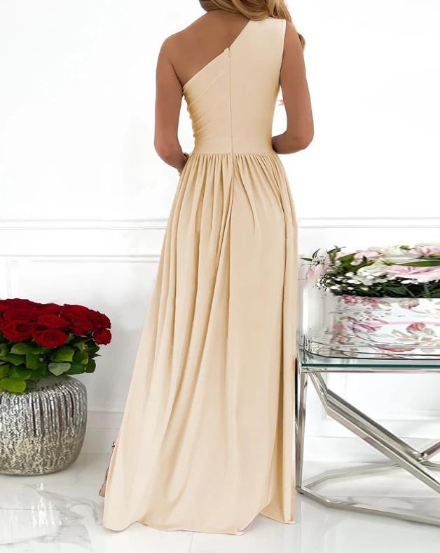 W&W Mode Damen-Cocktail-Maxikleid mit Ein-Schulter-hohem geteiltem Ausschnitt