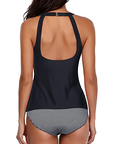 W&W Mode | Figurformender Schwarzer Tief Ausgeschnittener Tankini Mit Gestreiften Shorts