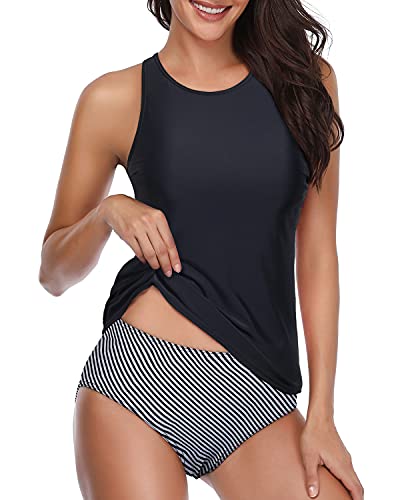 W&W Mode | Figurformender Schwarzer Tief Ausgeschnittener Tankini Mit Gestreiften Shorts