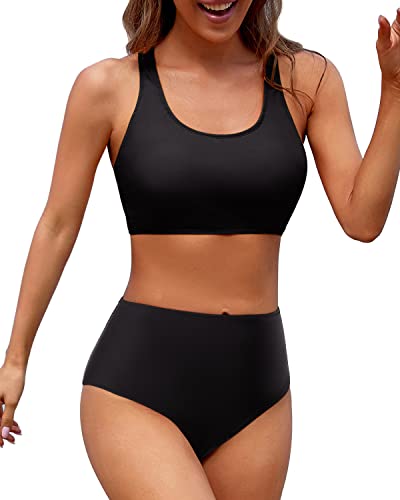 W&W Mode | Damen Zweiteiliger Bikini Sport Crop Top Badeanzug Schwarz