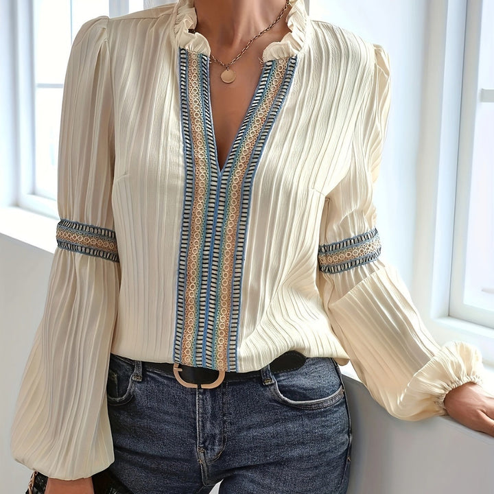 W&W Mode Spitzen-Patchwork-Shirt mit V-Ausschnitt