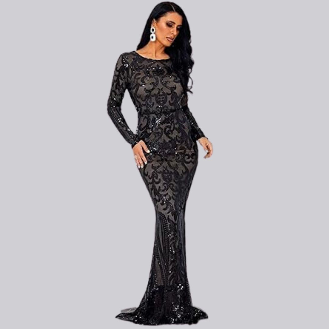 Damen Abendkleid mit langen Ärmeln und Pailletten
