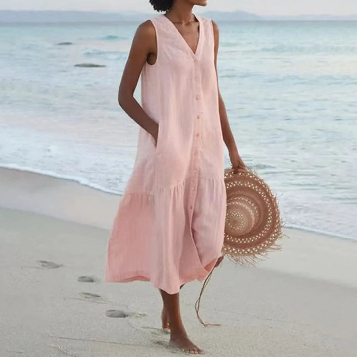 W&W Mode | V-Ausschnitt Leinen Kleid