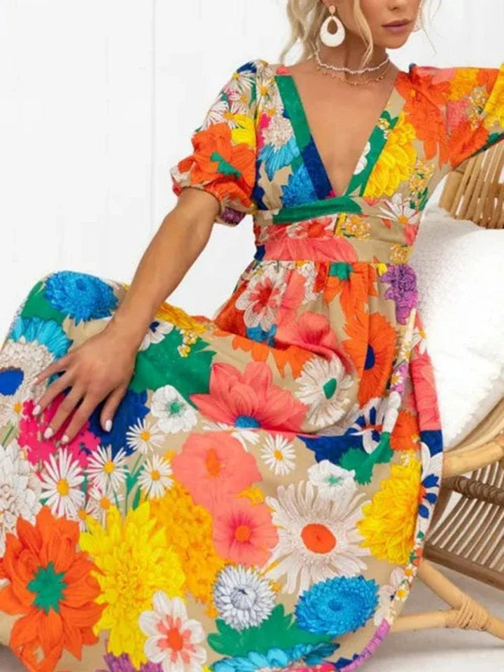 W&W Mode Floral Sommerkleid | Luftiges elegantes Sommerkleid mit V-Ausschnitt und Bubble Sleeves und Blumendruck