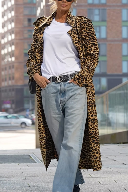 W&W Mode | Rosiedress Revers Offene Vorderseite Leopard Midi Trendy Mantel